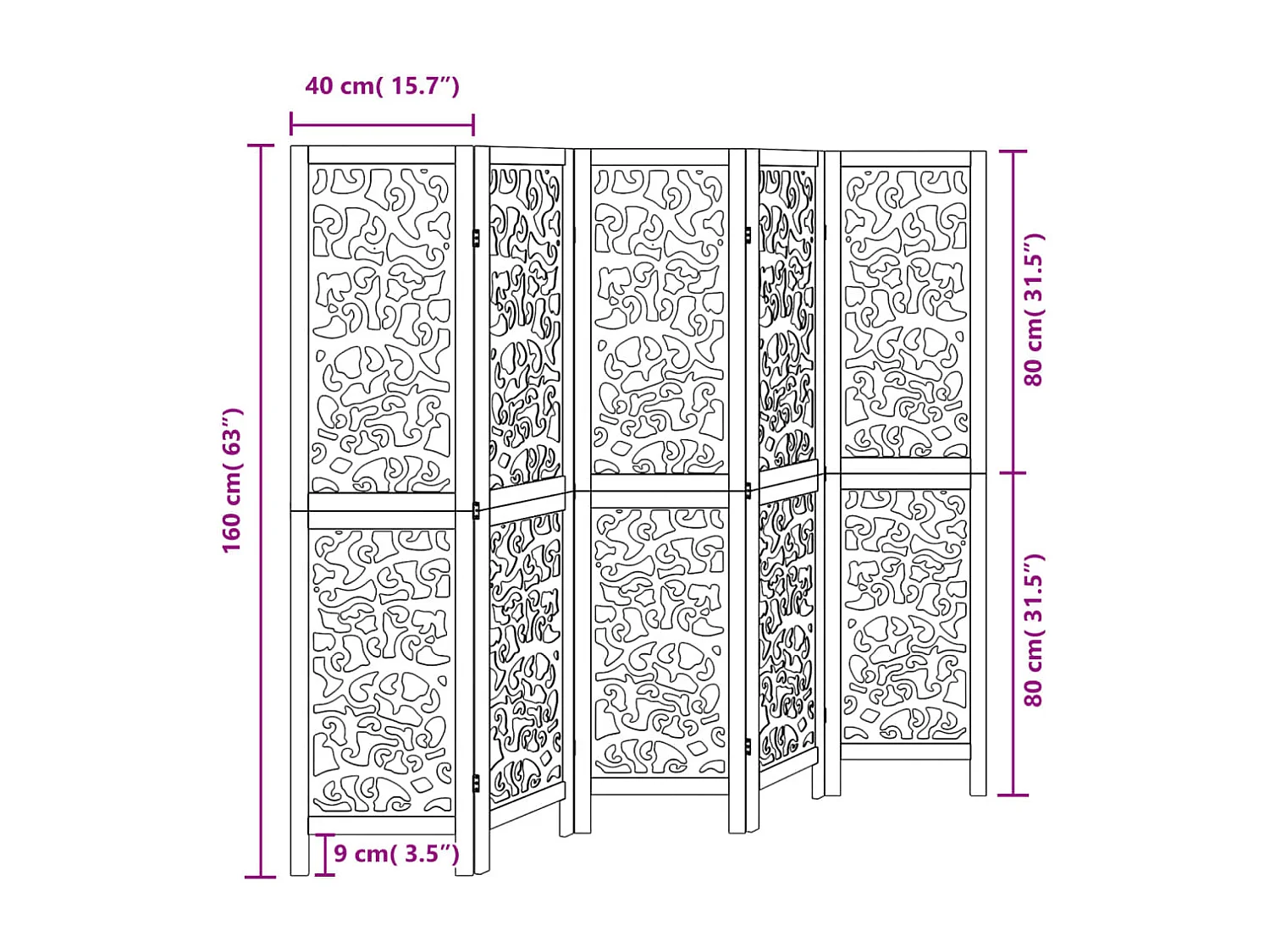Tabique negro de 5 paneles de madera maciza de paulownia