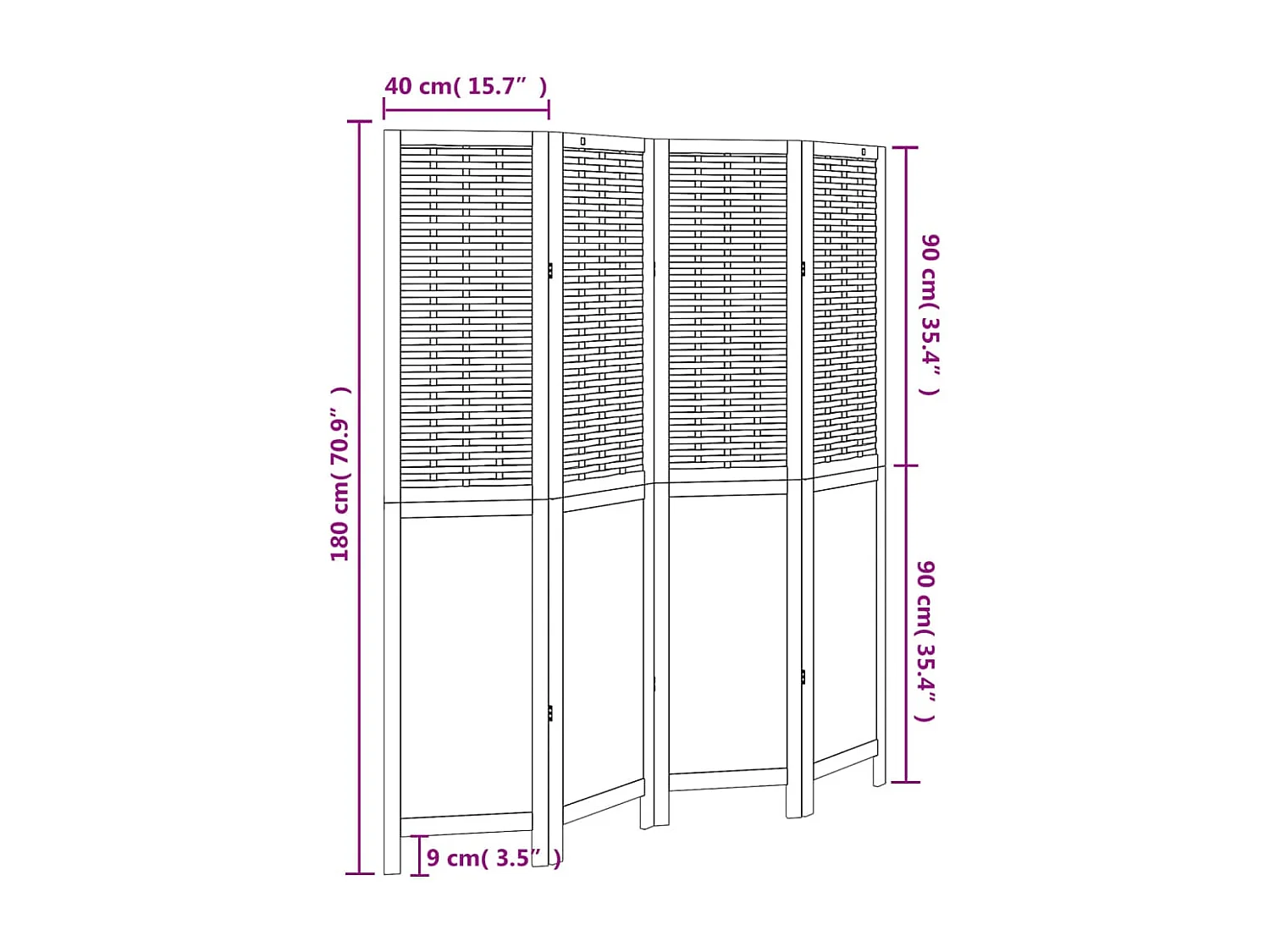 Parede divisória 4 painéis madeira paulownia maciça branca