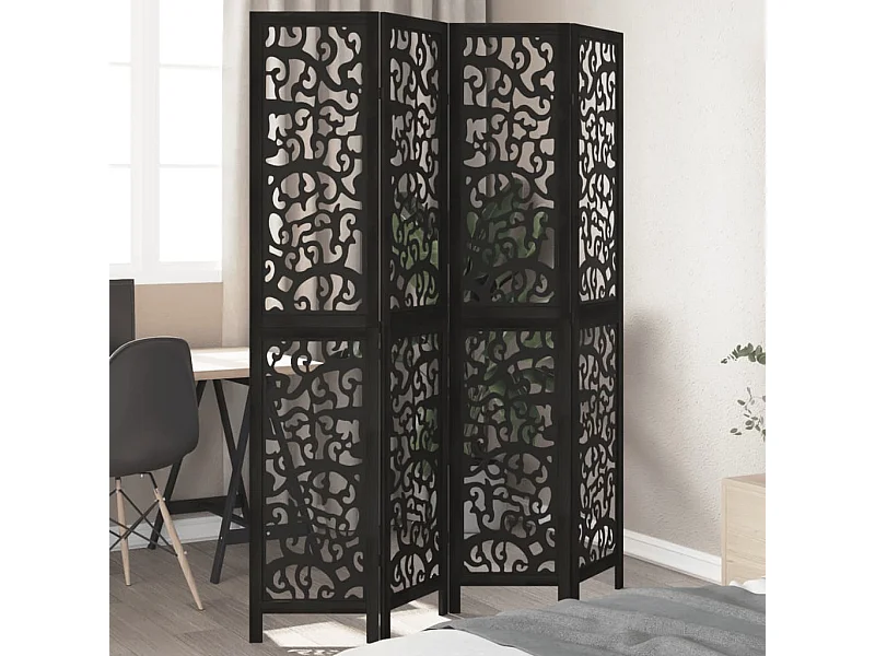 Parete divisoria nera a 4 pannelli in legno massello di paulownia