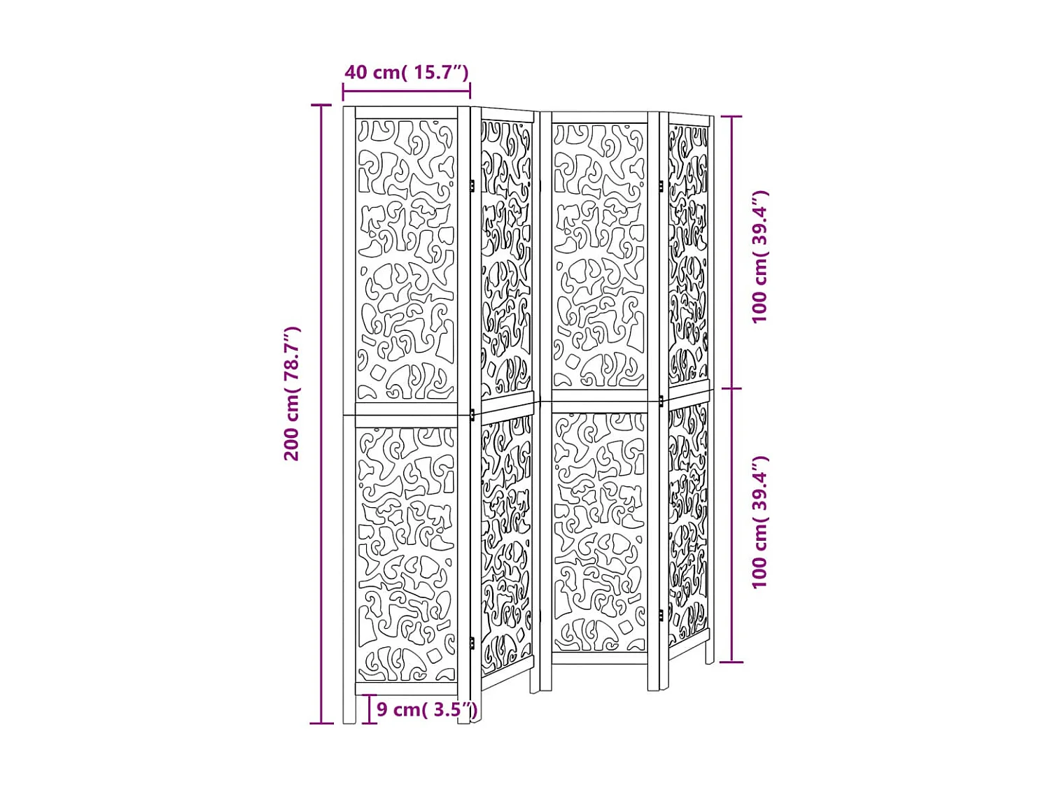 Divisória preta com 4 painéis em madeira maciça de paulownia