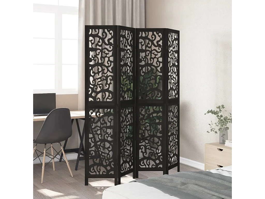 Cloison de séparation 4 panneaux noir bois de paulownia massif