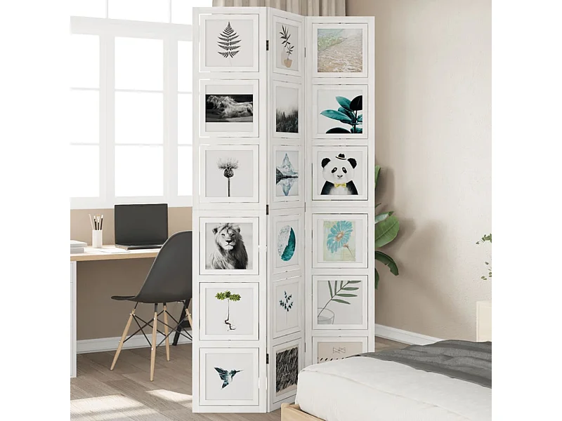 Cloison de séparation 3 panneaux blanc bois de paulownia massif