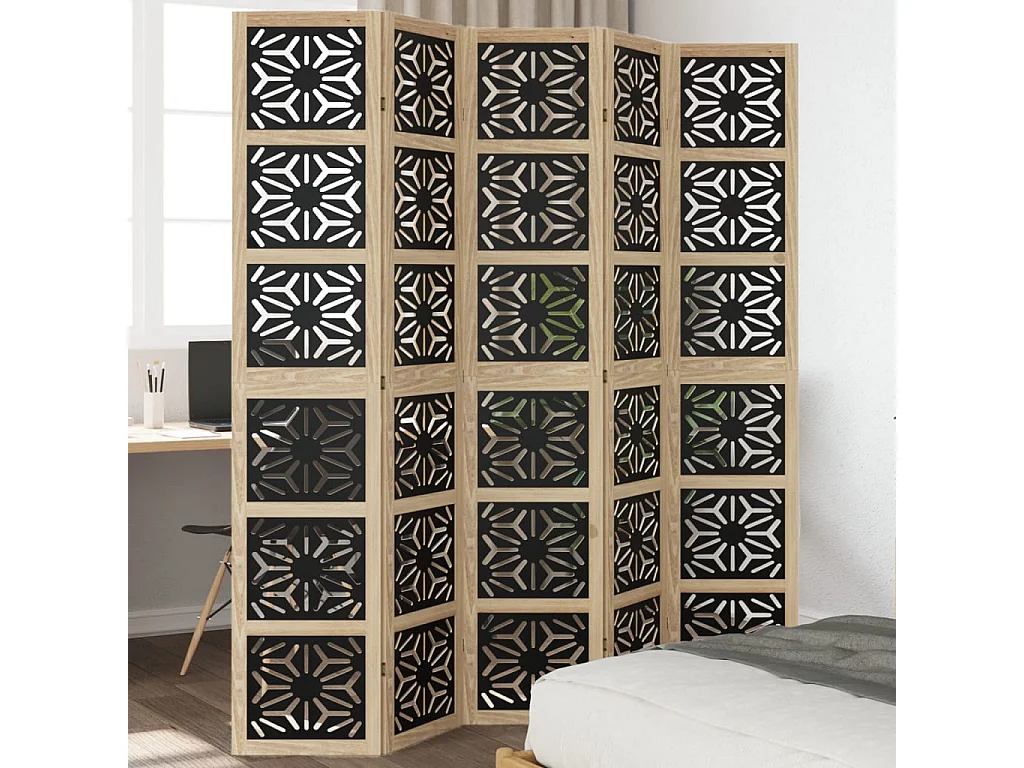 Cloison de séparation 5 panneaux marron noir paulownia massif