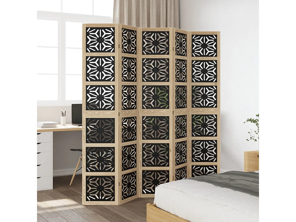 Cloison de séparation 5 panneaux marron noir paulownia massif