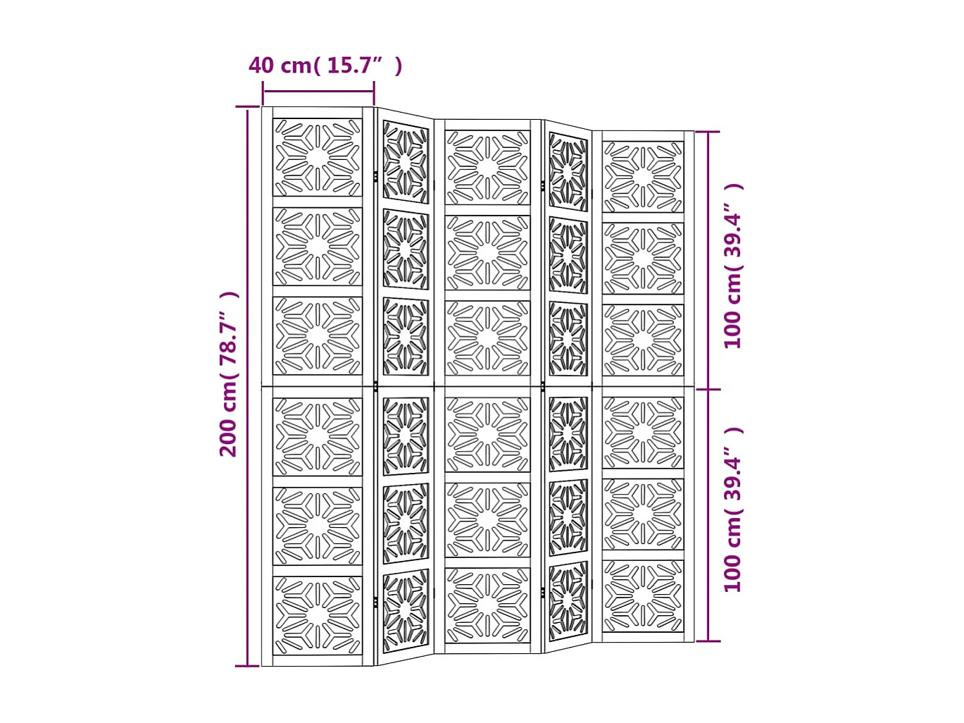 Cloison de séparation 5 panneaux marron noir paulownia massif