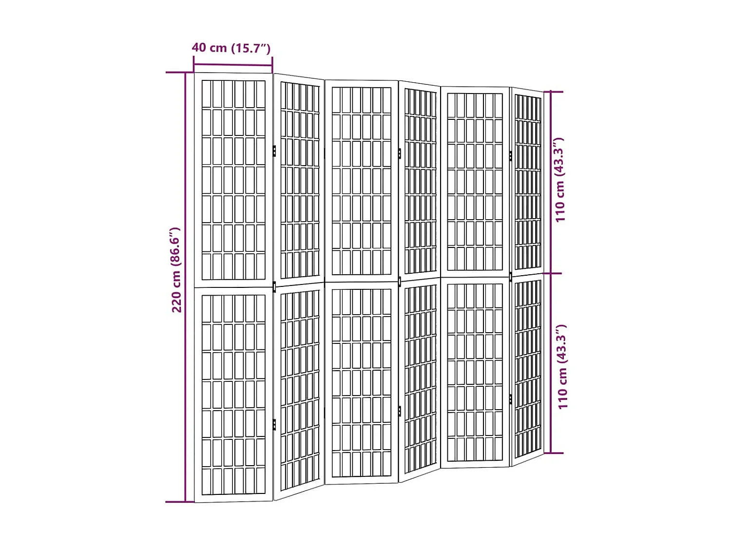 Parete divisoria nera a 6 pannelli in legno massello di paulownia
