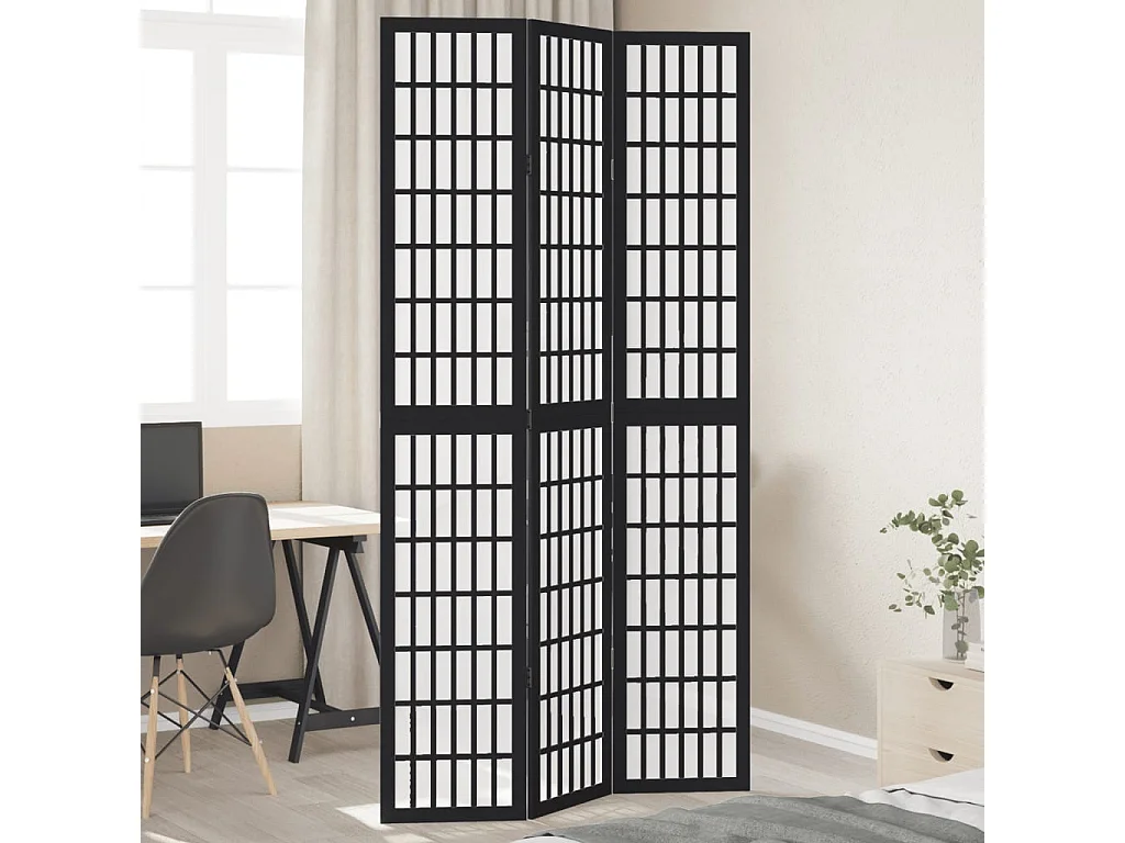 Cloison de séparation 3 panneaux noir bois de paulownia massif