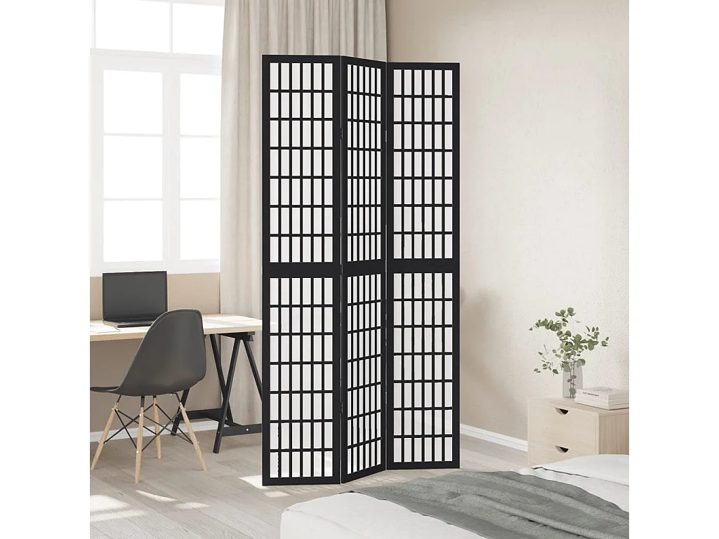 Cloison de séparation 3 panneaux noir bois de paulownia massif
