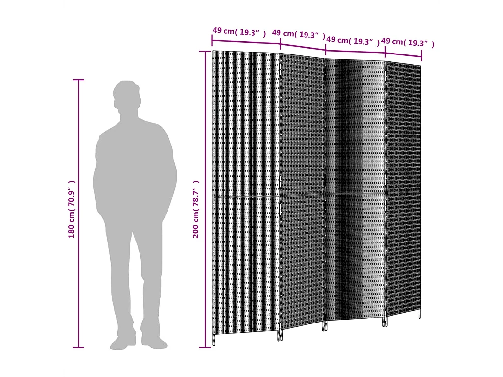 4-teilige Trennwand aus schwarzem Kunstharzgewebe