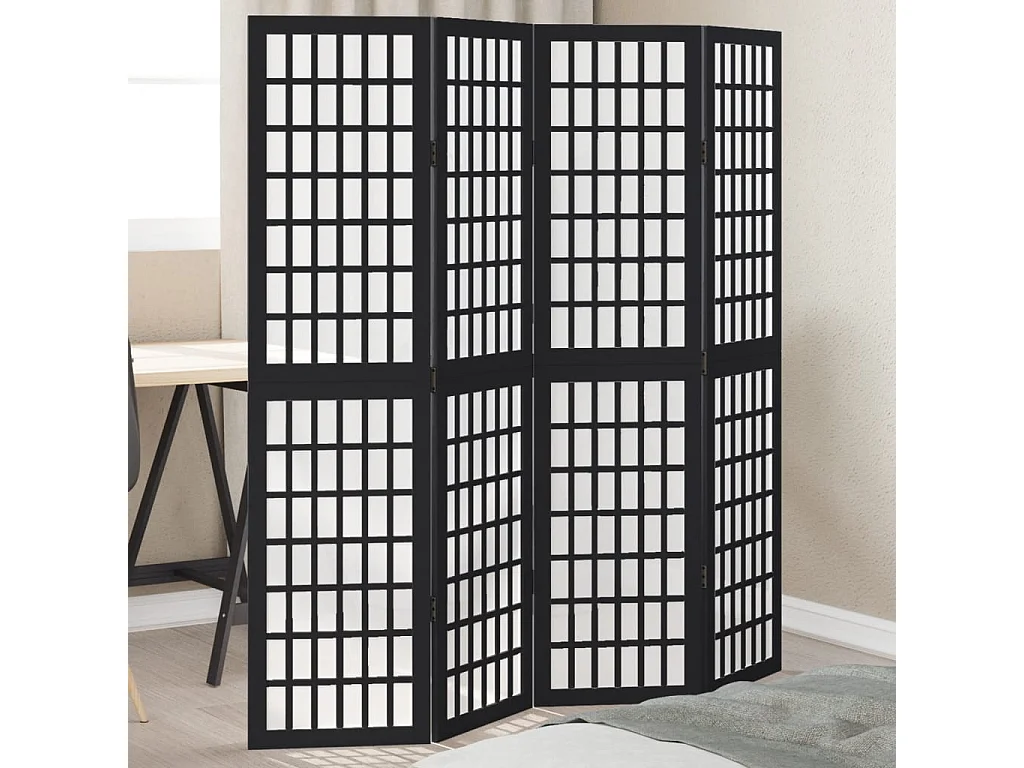 Cloison de séparation 4 panneaux noir bois de paulownia massif