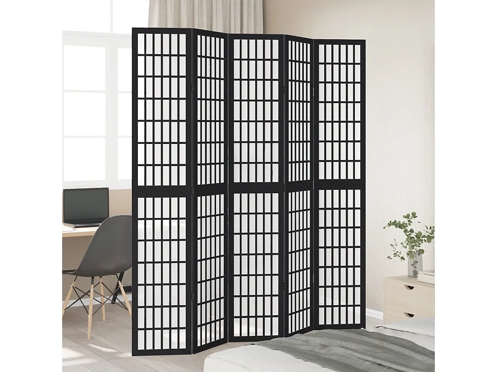 Cloison de séparation 5 panneaux noir bois de paulownia massif