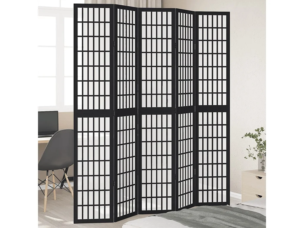 Cloison de séparation 5 panneaux noir bois de paulownia massif