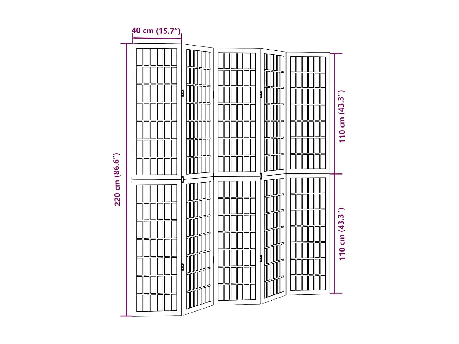 Cloison de séparation 5 panneaux noir bois de paulownia massif
