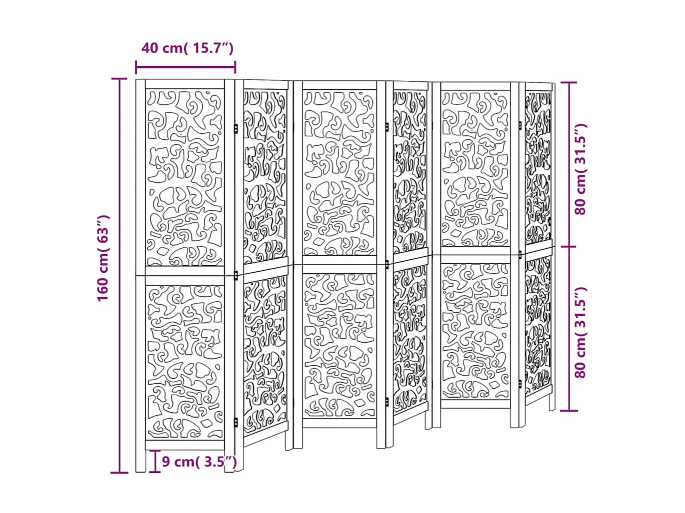 Divisória preta com 6 painéis em madeira maciça de paulownia