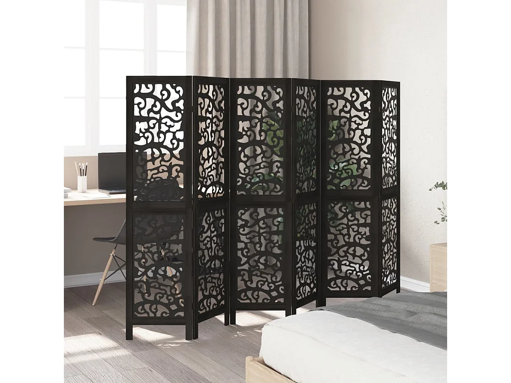 Zwarte scheidingswand met 6 panelen van massief paulowniahout