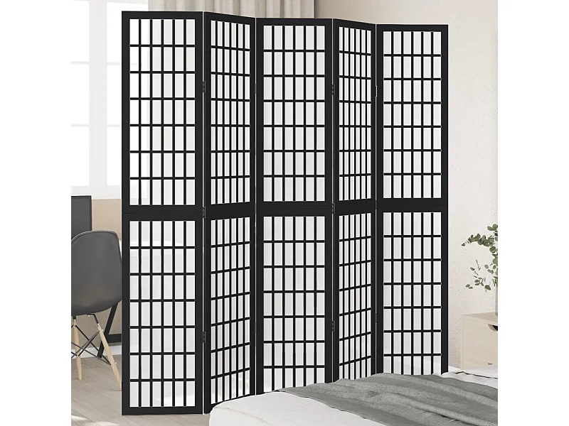Cloison de séparation 5 panneaux noir bois de paulownia massif