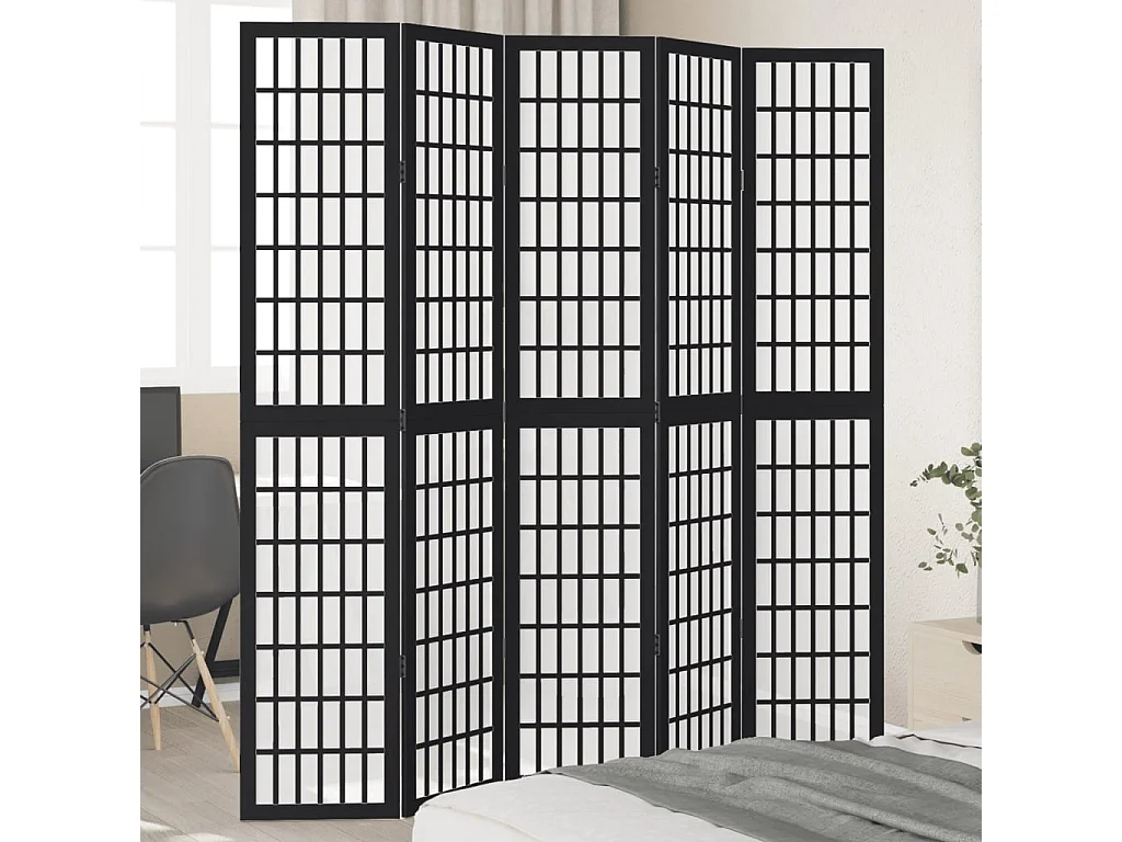 Cloison de séparation 5 panneaux noir bois de paulownia massif