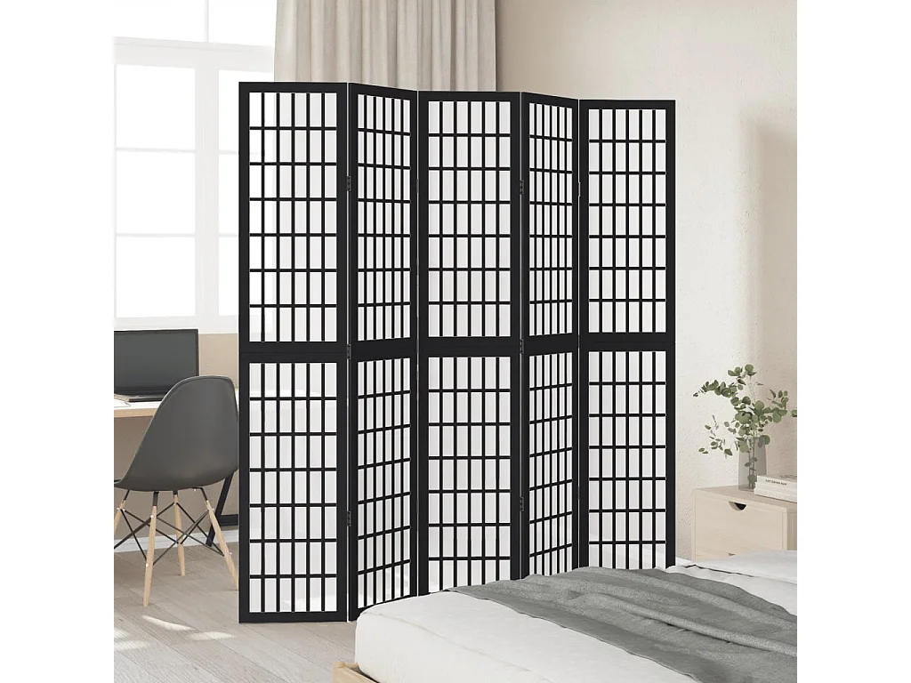 Cloison de séparation 5 panneaux noir bois de paulownia massif