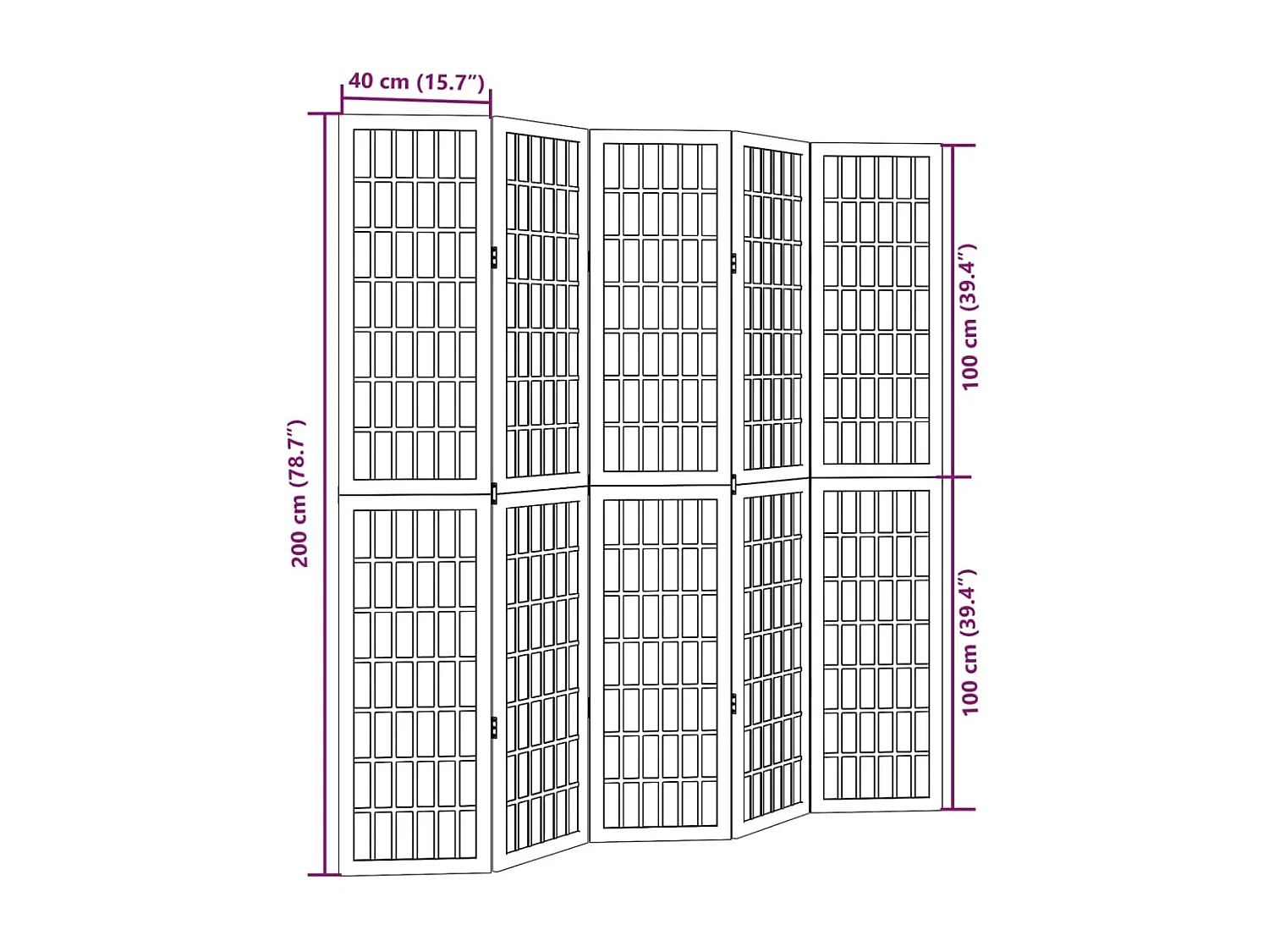 Divisória preta com 5 painéis em madeira maciça de paulownia