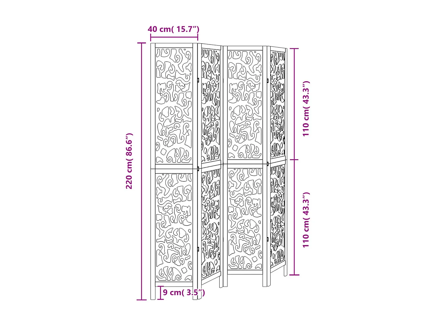 Cloison de séparation 4 panneaux noir bois de paulownia massif