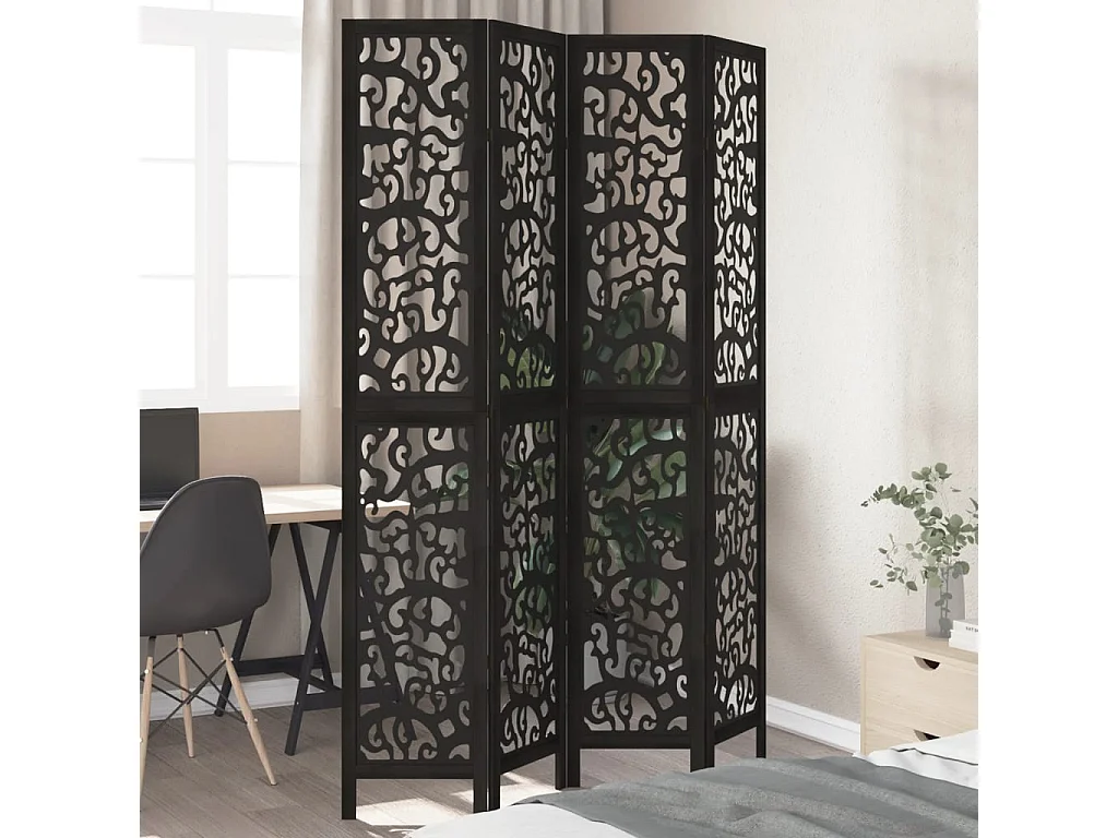 Cloison de séparation 4 panneaux noir bois de paulownia massif