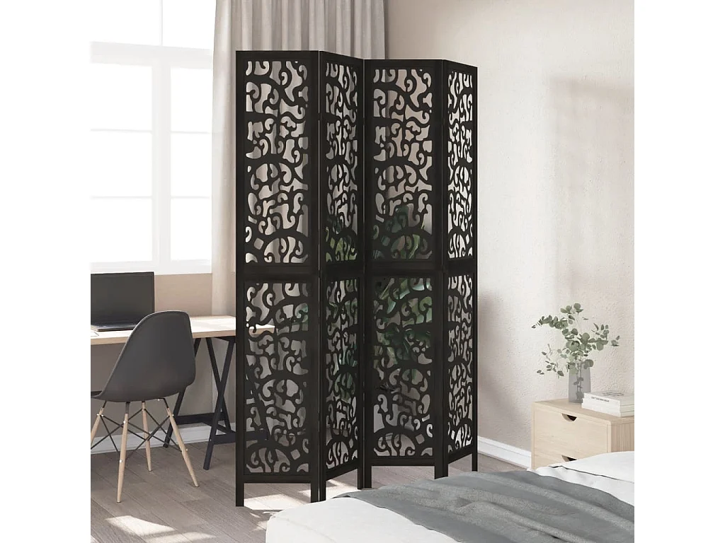 Cloison de séparation 4 panneaux noir bois de paulownia massif