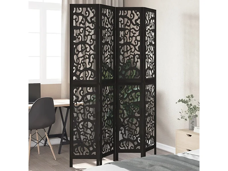Cloison de séparation 4 panneaux noir bois de paulownia massif