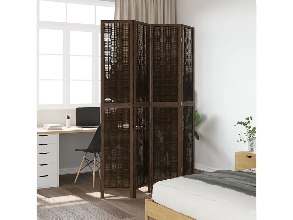 Cloison de séparation 4 panneaux marron foncé paulownia massif