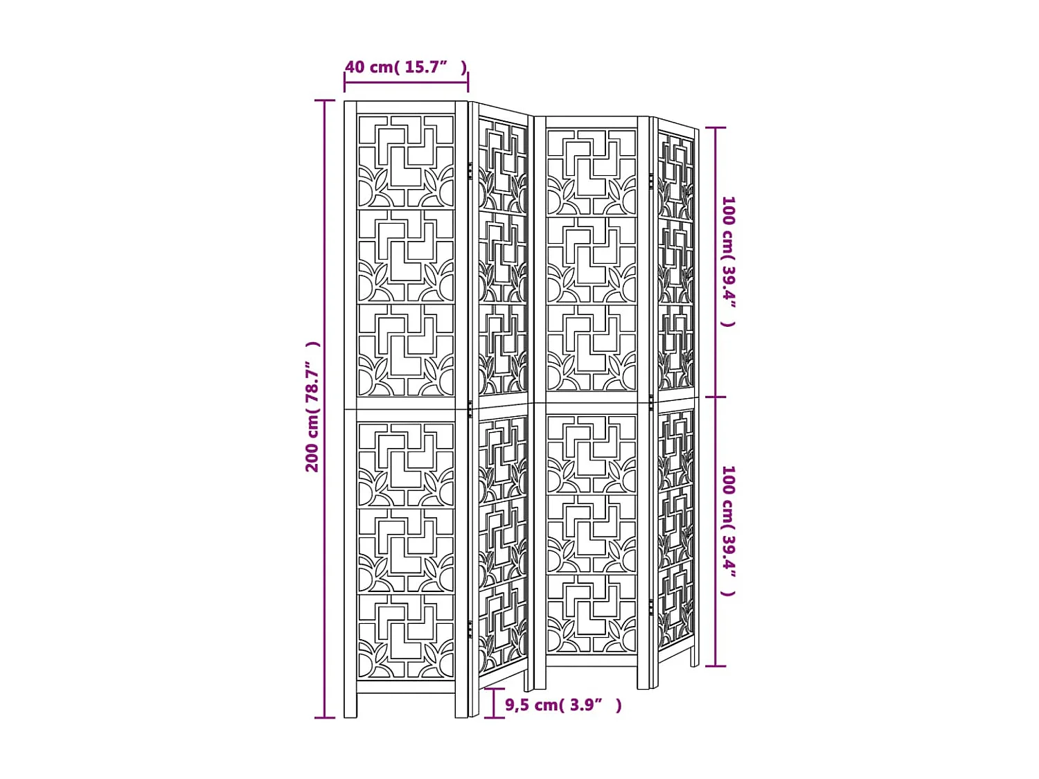 Parede divisória 4 painéis marrons madeira maciça paulownia