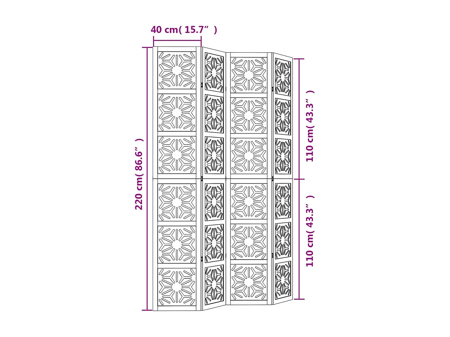 Cloison de séparation 4 panneaux marron noir paulownia massif