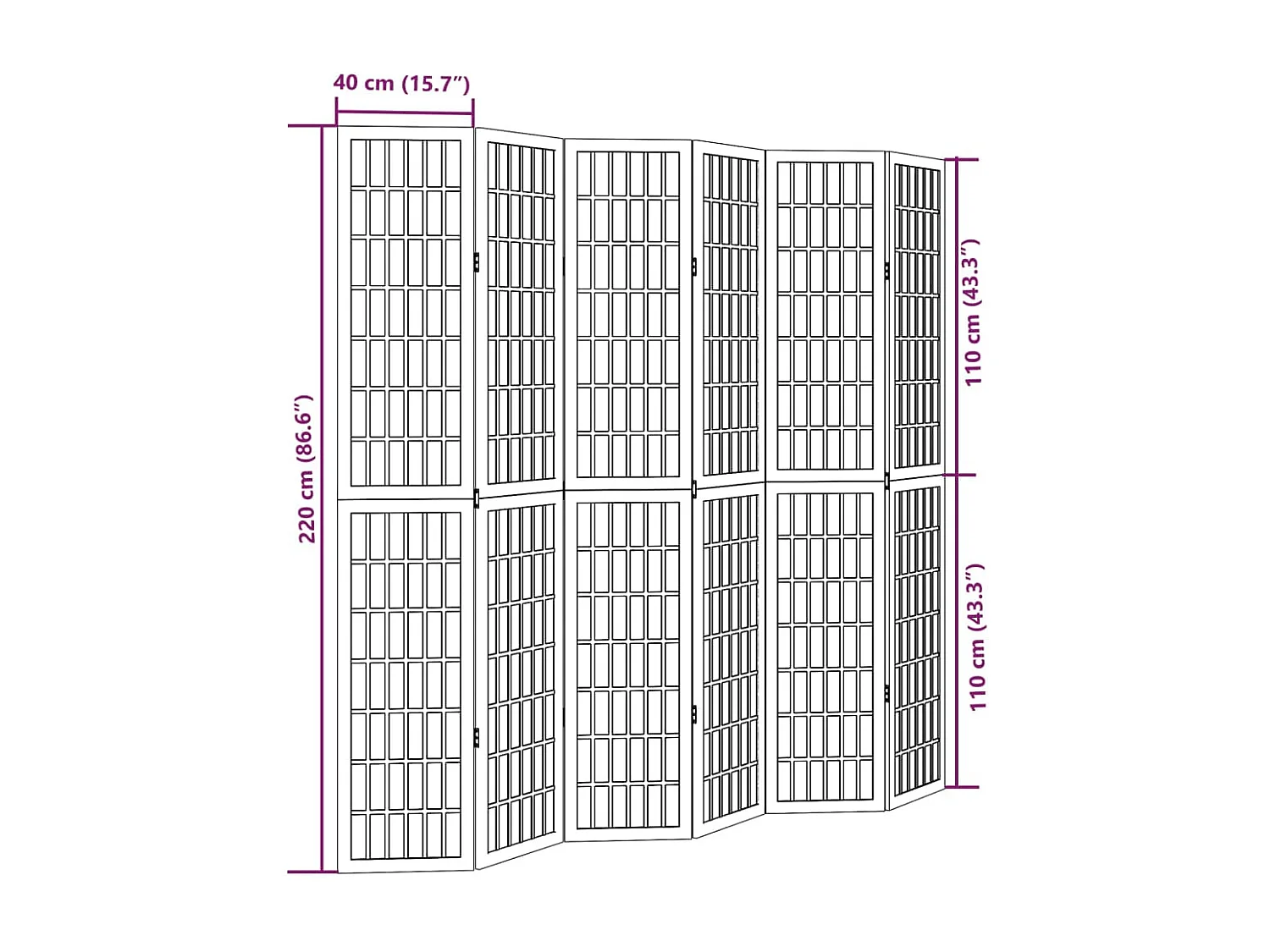 Parete divisoria 6 pannelli in legno massello di paulownia bianco