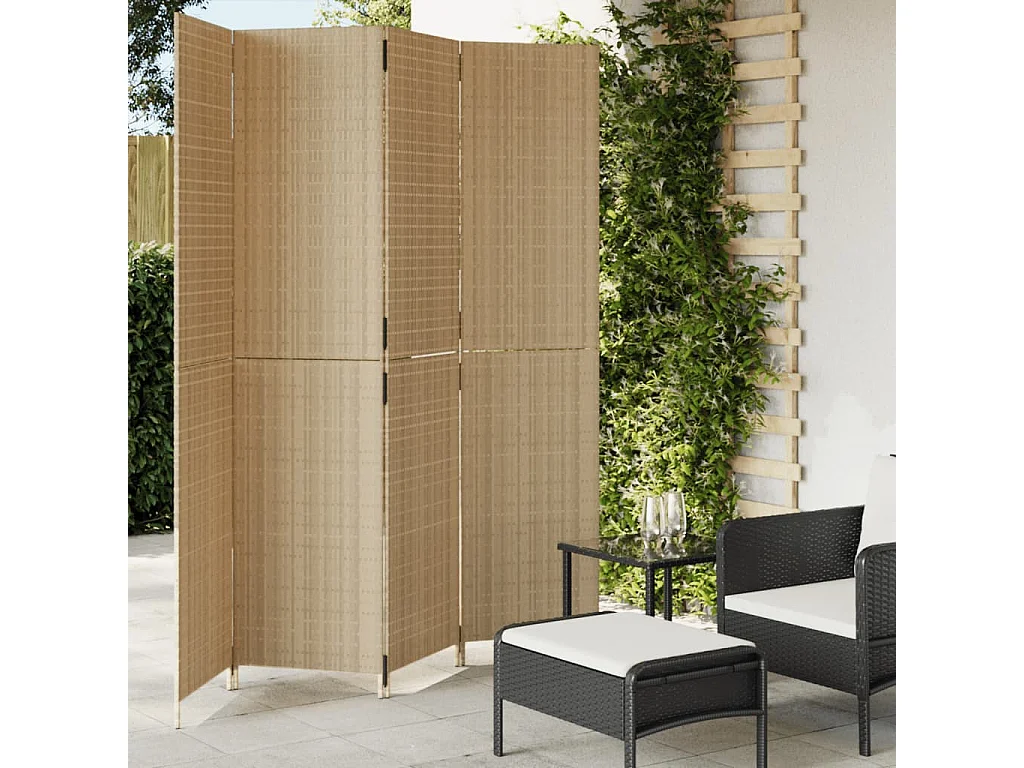 Parete divisoria in resina intrecciata beige a 4 pannelli
