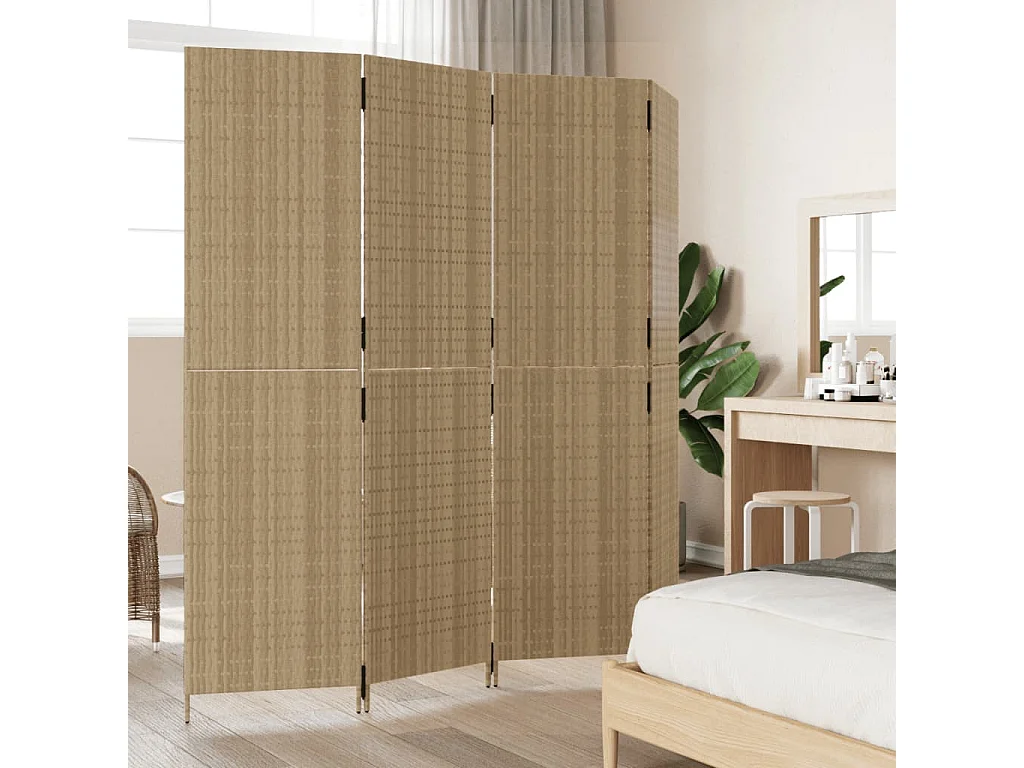 Parete divisoria in resina intrecciata beige a 4 pannelli