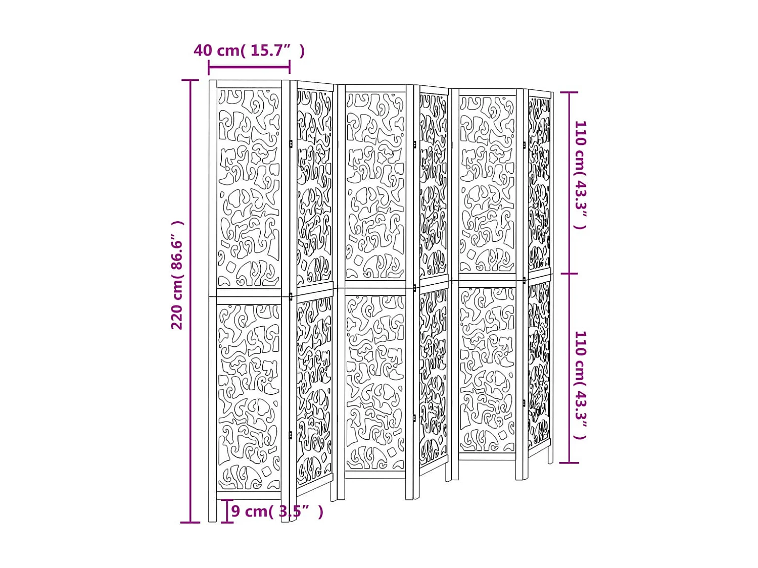 Trennwand 6 Paneele aus weißem massivem Paulownia-Holz