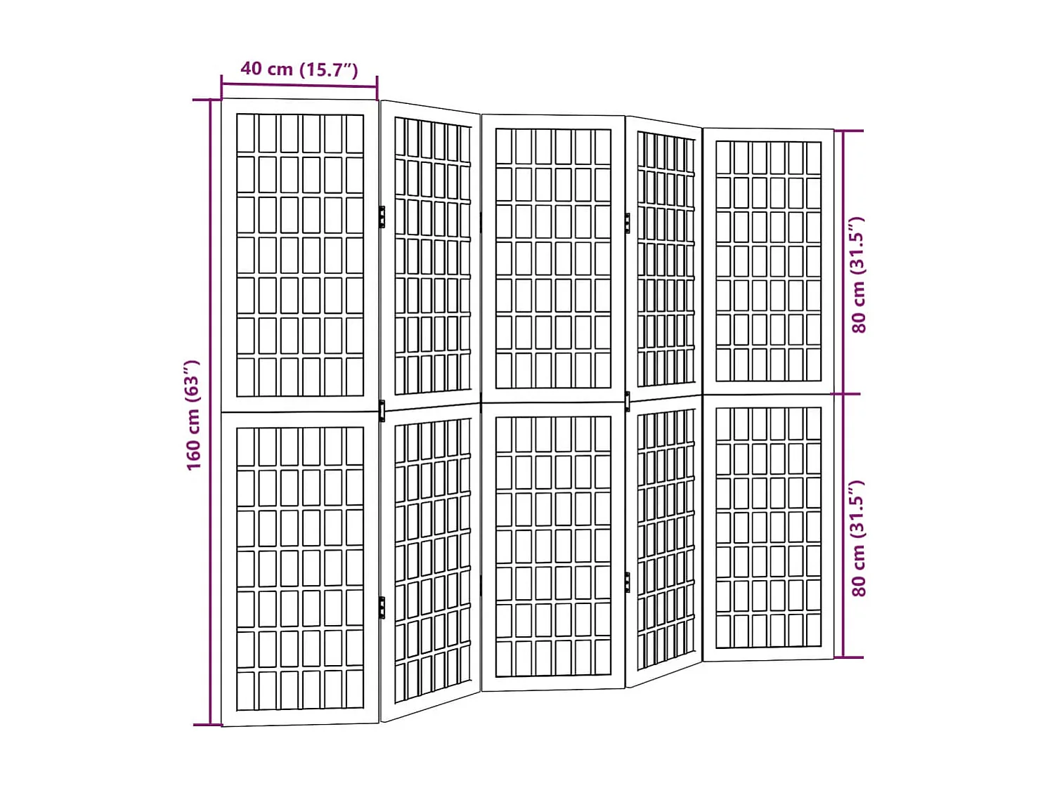 Parete divisoria nera a 5 pannelli in legno massello di paulownia