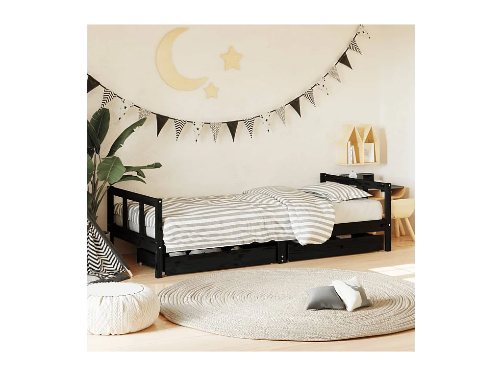 Cadre de lit enfant avec tiroirs noir 90x200 cm bois pin massif