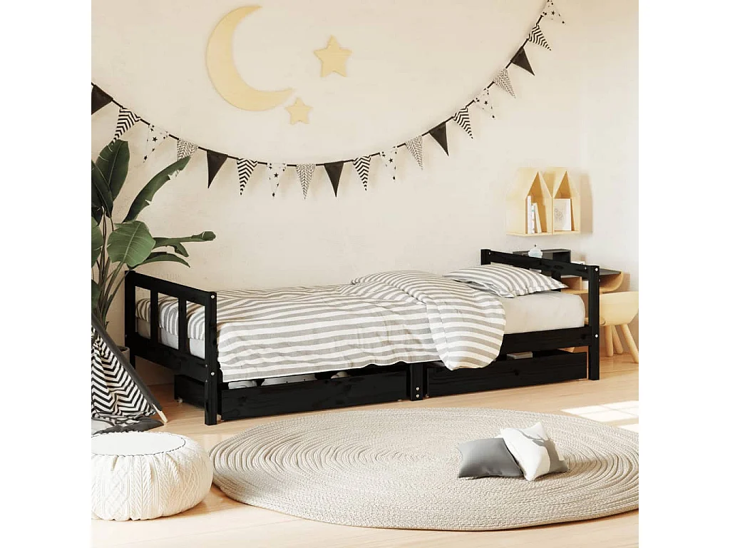 Struttura letto per bambini con cassetti neri 90x200 cm in legno di pino massiccio