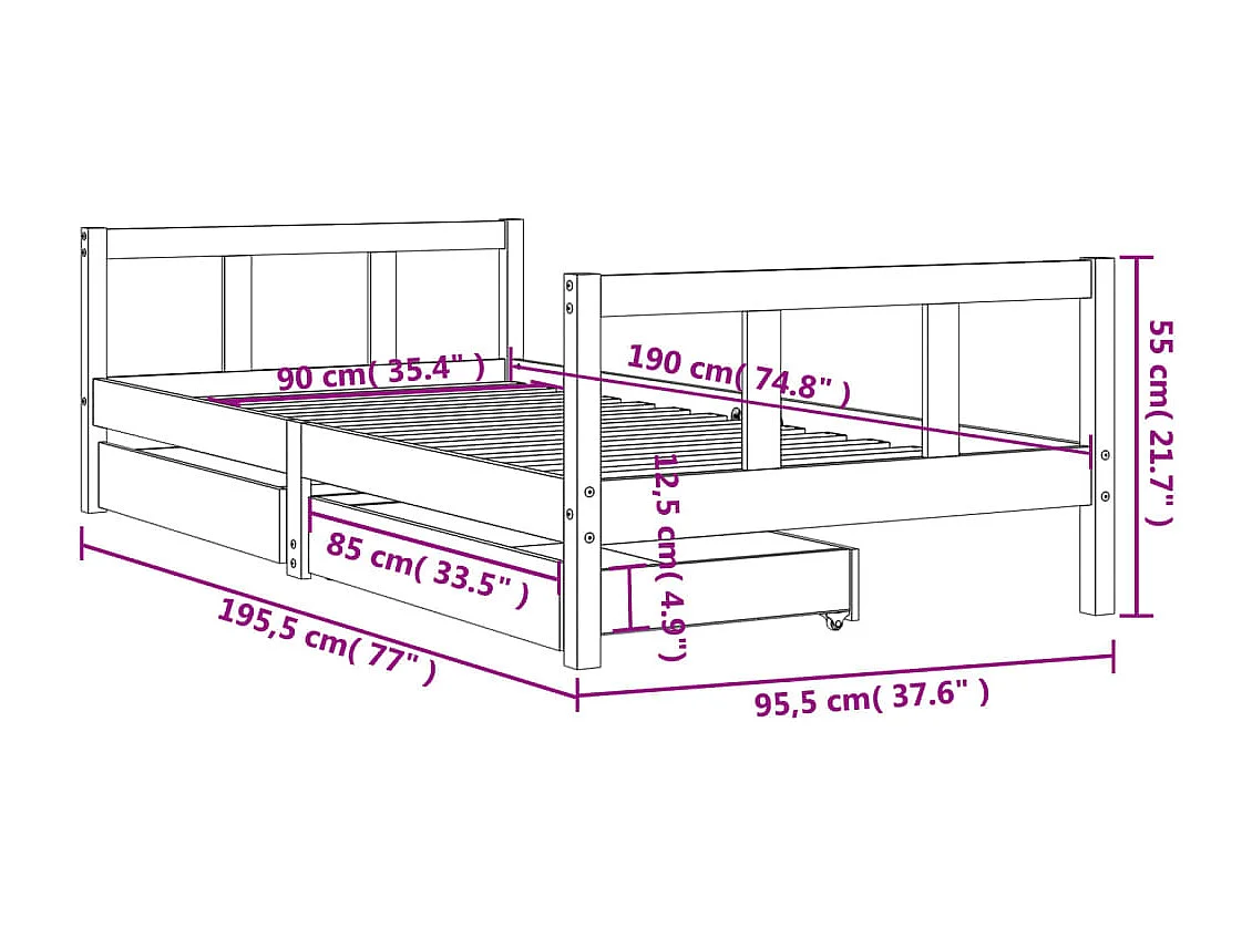 Kinderbedframe met lades zwart 90x190cm massief grenenhout