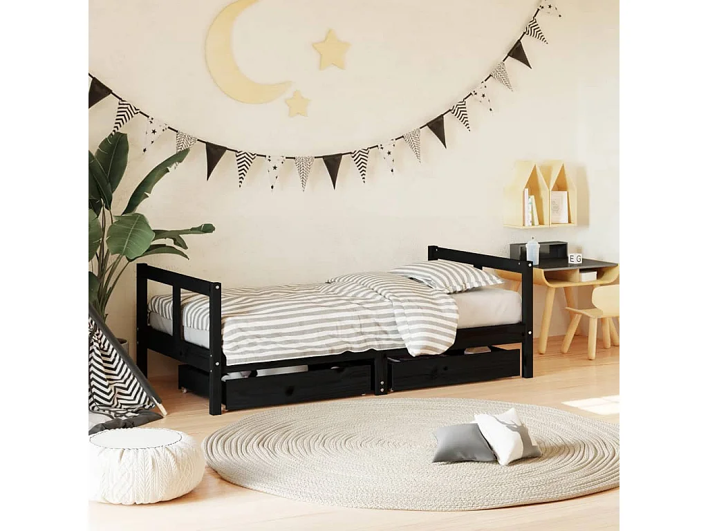Cadre de lit pour enfant tiroirs noir 80x160 cm bois pin massif