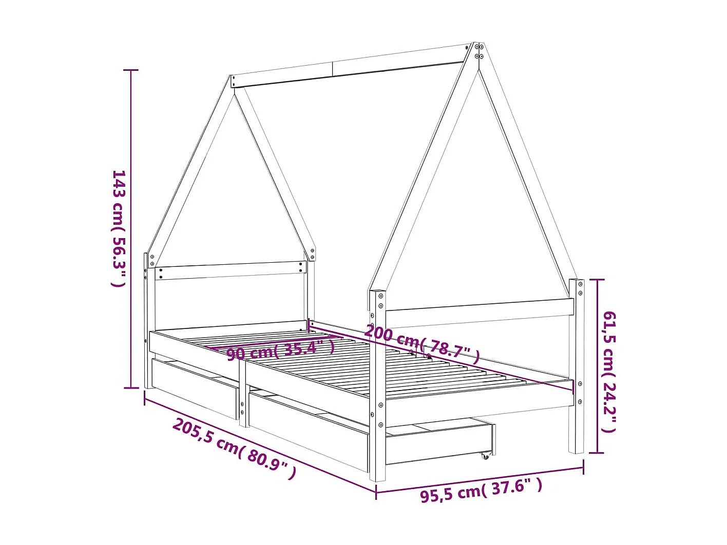 Struttura letto per bambini con cassetti 90x200 cm in legno di pino massiccio