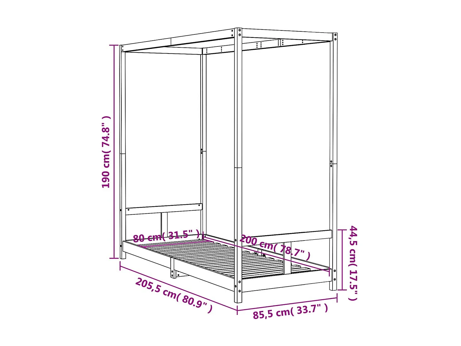 Estructura de cama infantil blanca de madera maciza de pino 80x200 cm