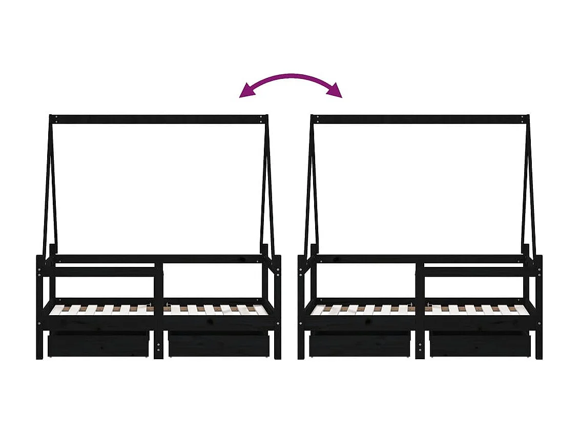 Cadre de lit enfant avec tiroirs noir 70x140 cm bois pin massif