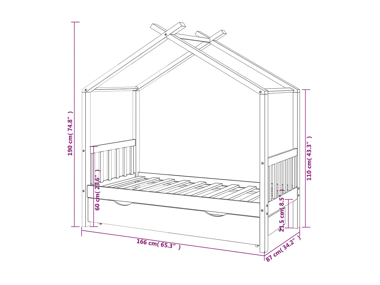 Struttura letto per bambini con cassetto in pino massiccio grigio scuro 80x160 cm