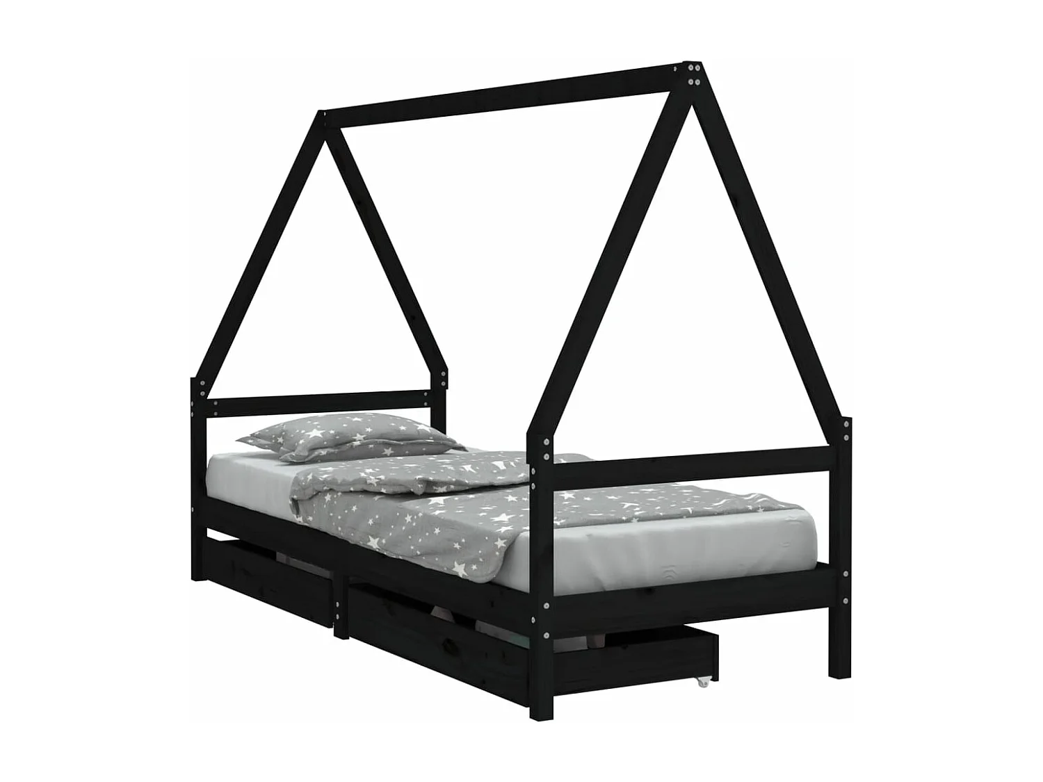 Cadre de lit enfant tiroirs noir 80x200 cm bois de pin massif