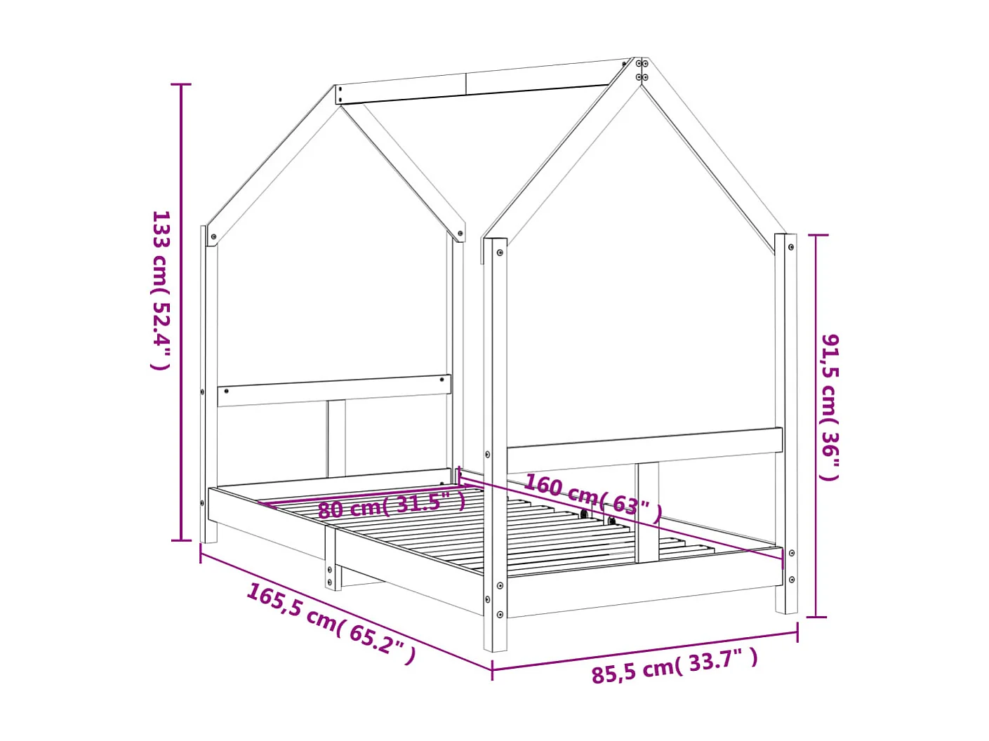 Struttura letto per bambini bianca 80x160 cm in legno di pino massiccio