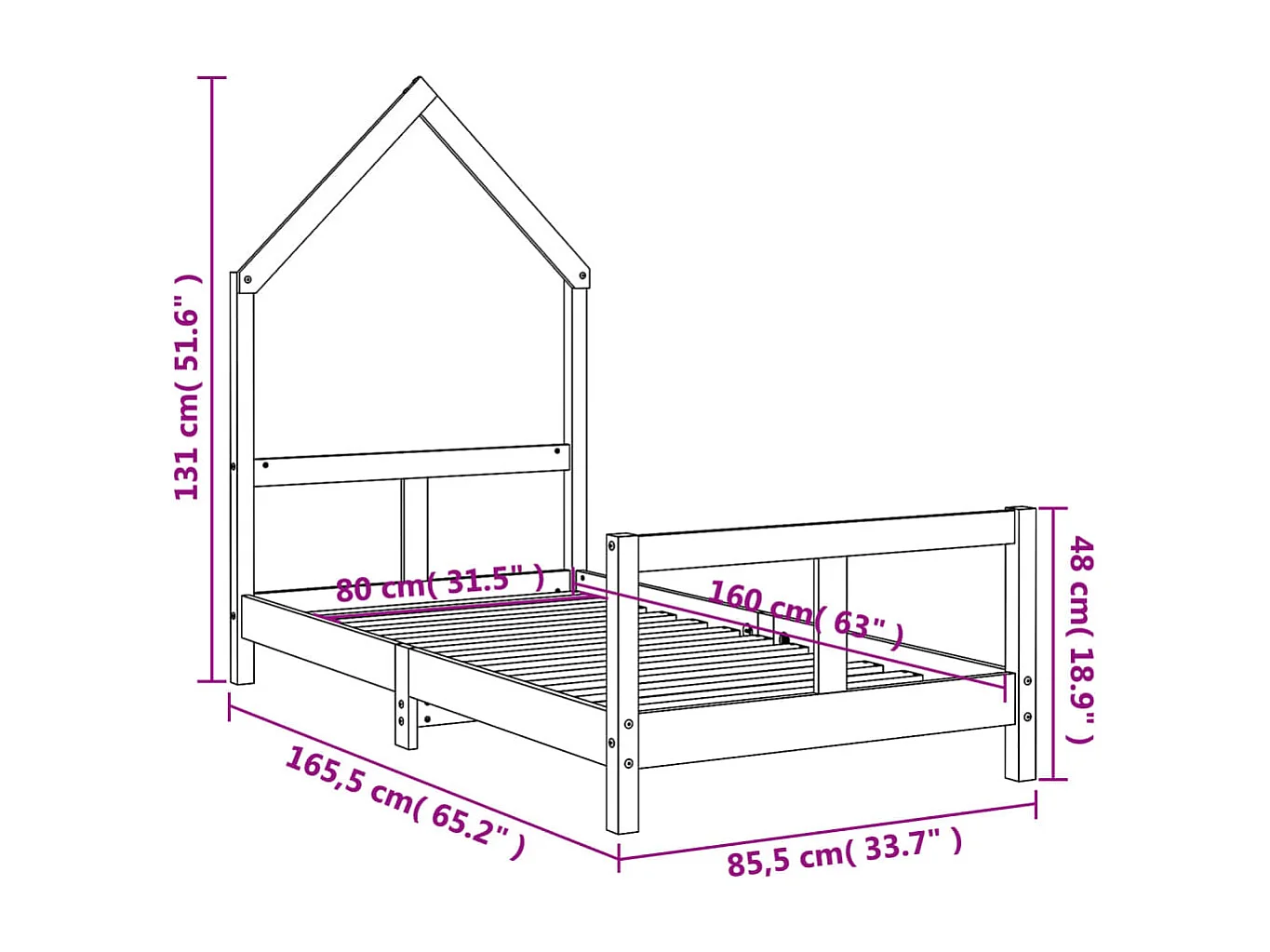 Estrutura de cama infantil 80x160 cm em madeira maciça de pinho