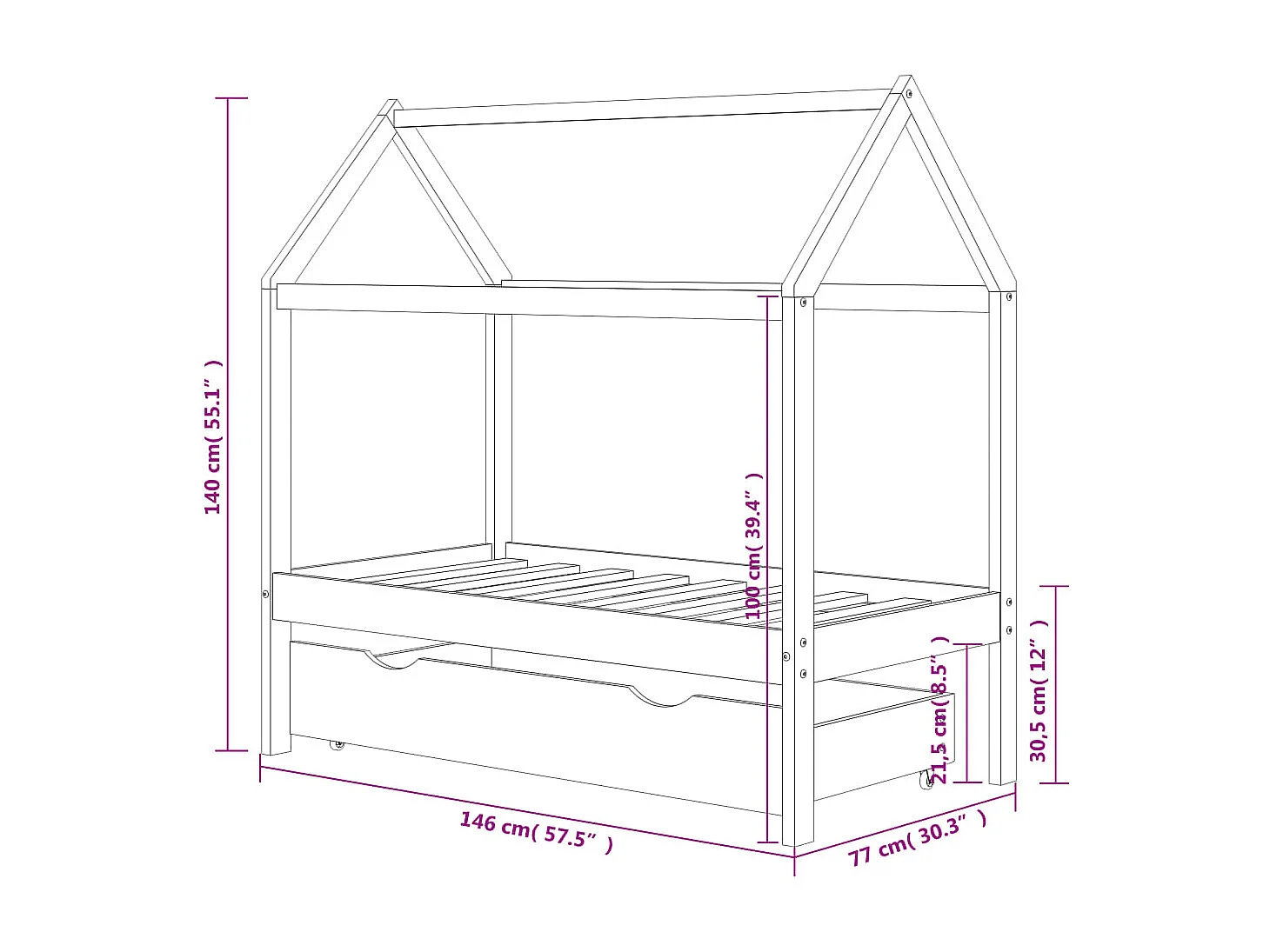 Estrutura de cama infantil com uma gaveta Pinho cinza escuro 70x140 cm