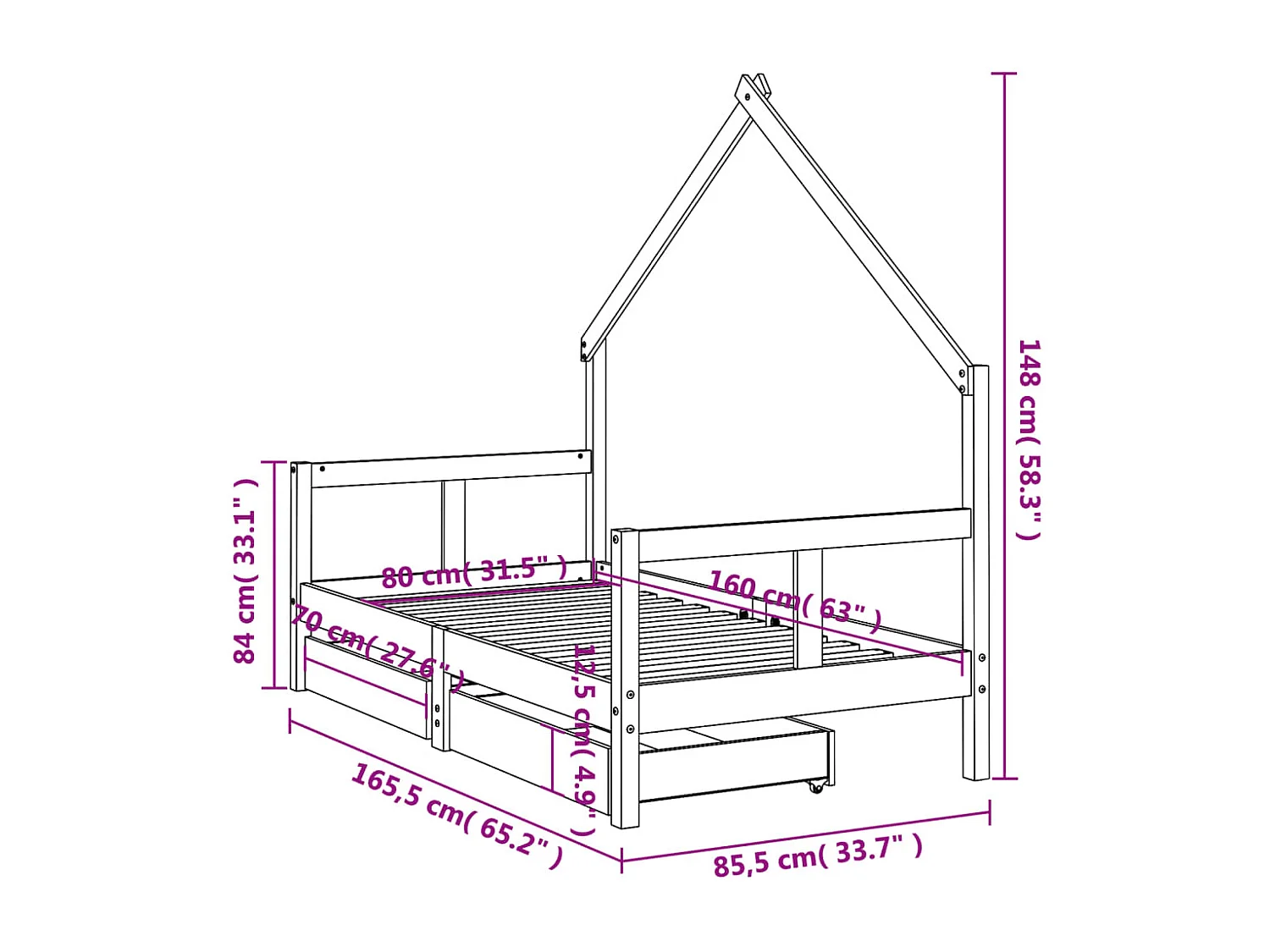 Kinderbettgestell mit schwarzen Schubladen 80x160 cm aus massivem Kiefernholz