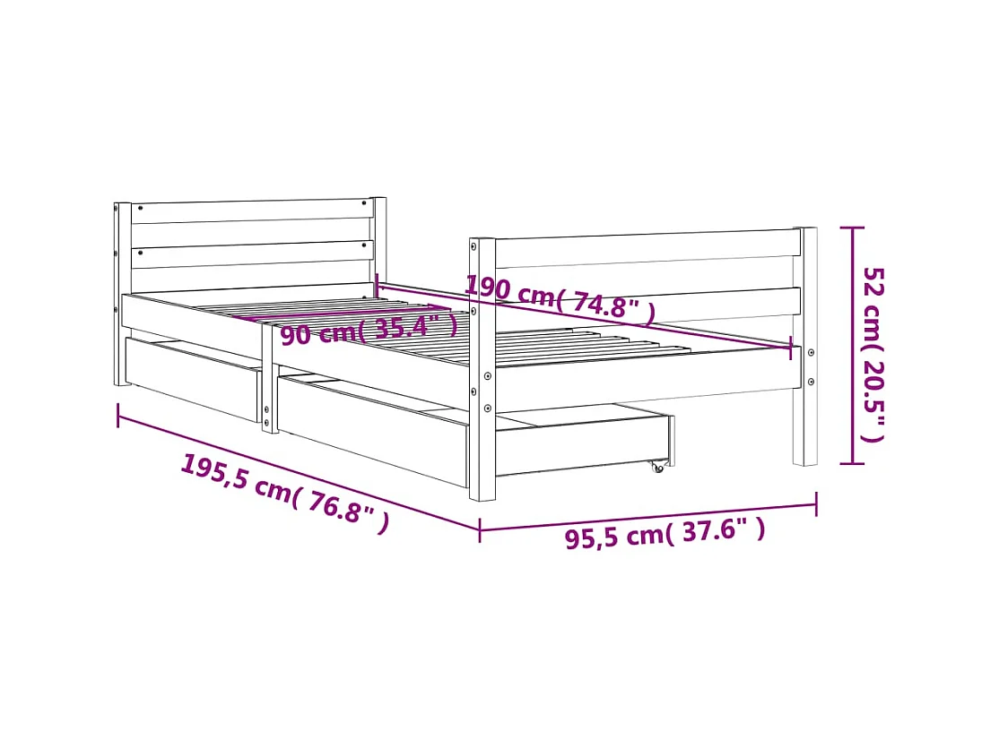 Estructura de cama infantil con cajones madera maciza de pino blanco 90x190 cm