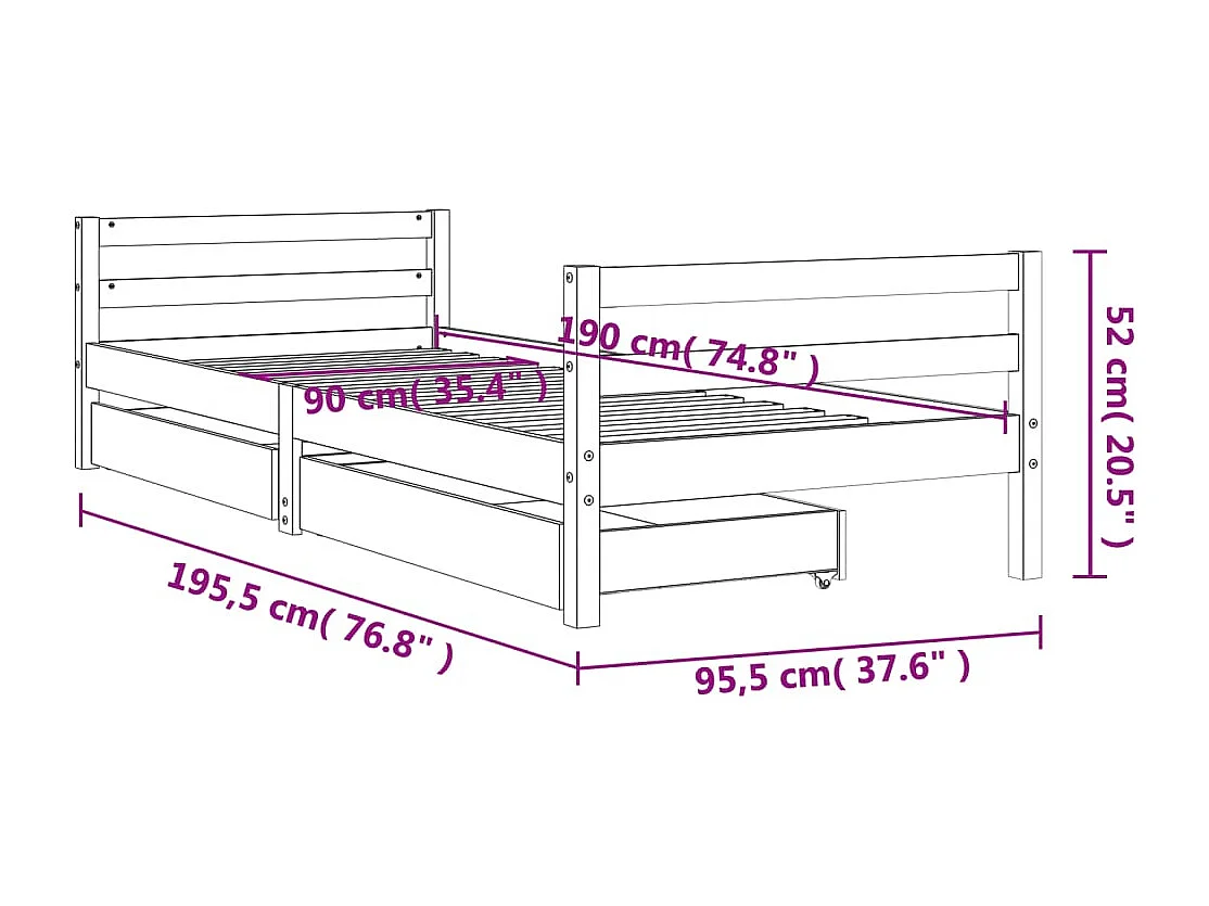 Struttura letto per bambini con cassetti bianco 90x190 cm in legno massello di pino